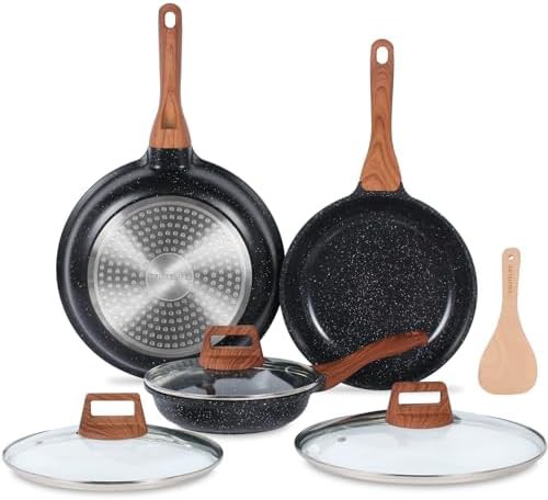 Black ceramic nonstick skillet set with lids