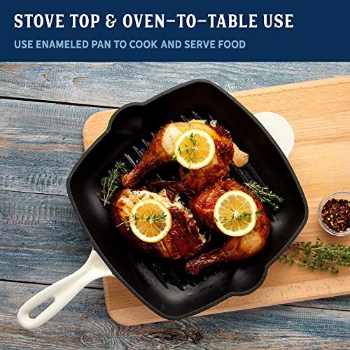 Cream enameled square grill pan with ridges — photo 4