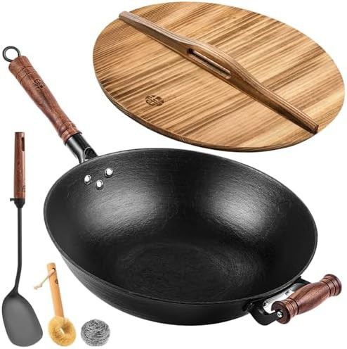 Flat bottom iron wok with lid